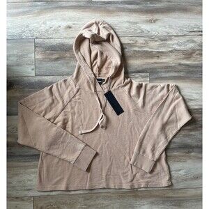 Mono B Size Large Solid Camel Brown Crop Tan Cotton Hoodie Pullover Ribbed NWT